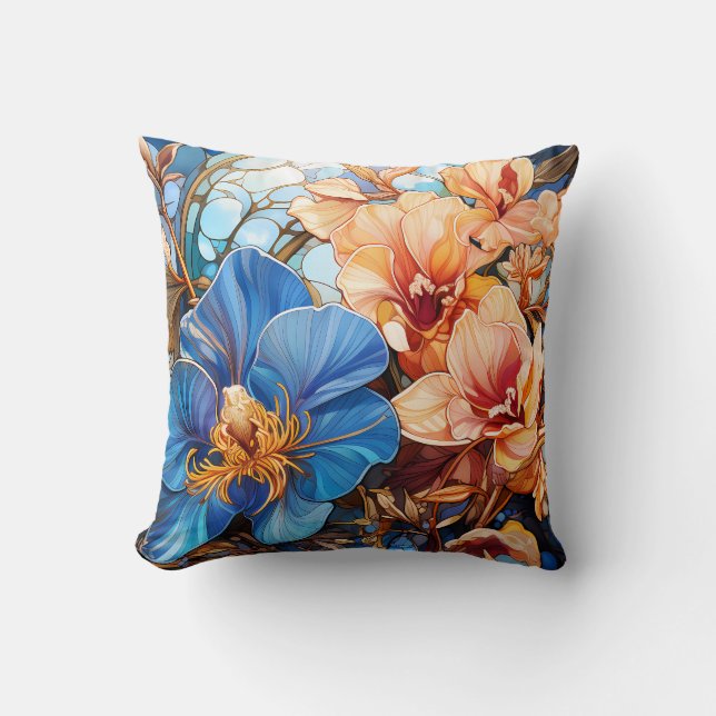 Blue and Coral Orchid Throw Pillow (Front)