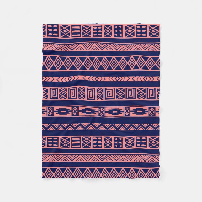 Blue And Coral-RedTribal Geometric Pattern Fleece Blanket (Front)