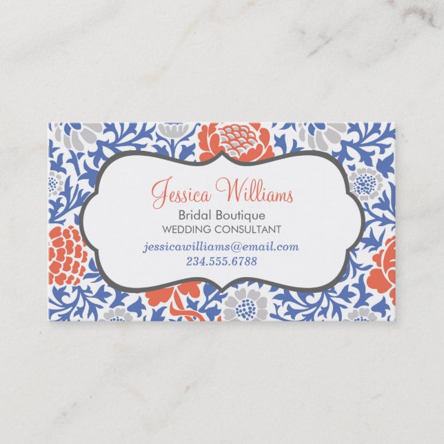 Blue and Coral Retro Floral Damask Business Card (Front)