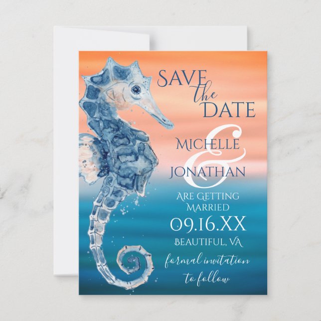 Blue and Coral Seahorse Beach Wedding Save The Date (Front)