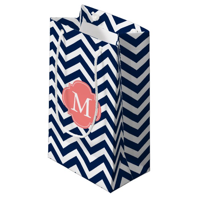 Blue and Coral Zigzag Pattern Monogram Small Gift Bag (Front Angled)