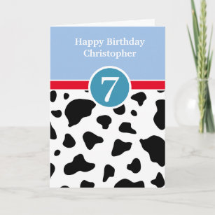 Blue and Cow Print 7th Birthday Card