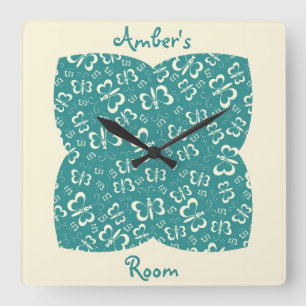 Blue and Cream Butterfly Girl's Bedroom Square Wall Clock