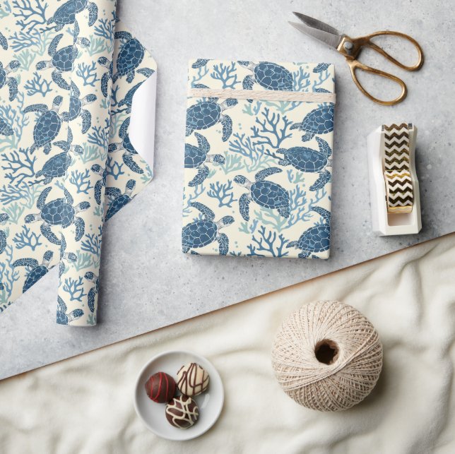Blue and Cream Coastal Sea Turtles Wrapping Paper (Crafts)