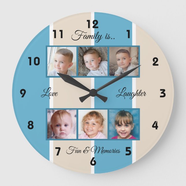 Blue and cream family photos large clock (Front)
