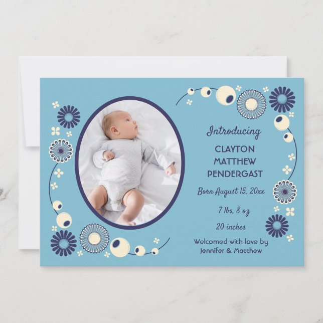 Blue and Cream Floral Baby Boy Birth Annoucement Invitation (Front)