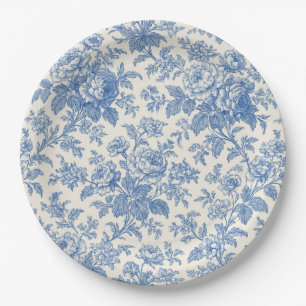 Blue and Cream Floral Toile de Jouy Paper Plate