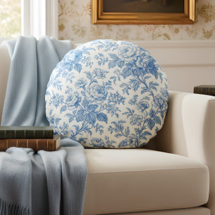 Blue and Cream Floral Toile de Jouy Round Cushion