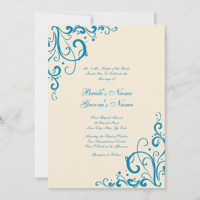 Blue and Cream Flourish Wedding Invitation (Front)