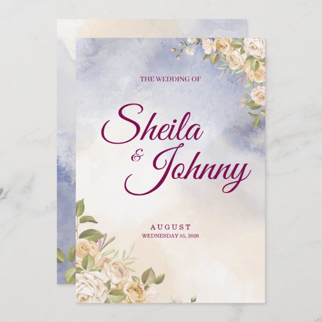 Blue and Cream Flower Watercolor Elegance Wedding Invitation (Front/Back)