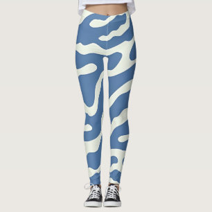 Blue and cream Modern Abstract Wavy Lines Pattern  Leggings