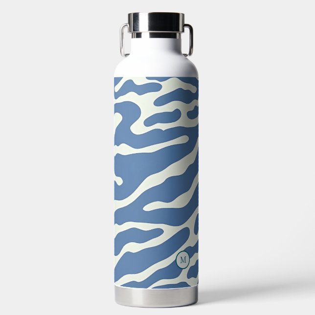 Blue and cream Modern Abstract Wavy Lines Pattern  Water Bottle (Front)
