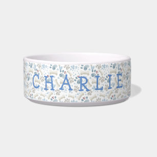 Blue and Cream Neutral Tone Name Ceramic Pet Bowl