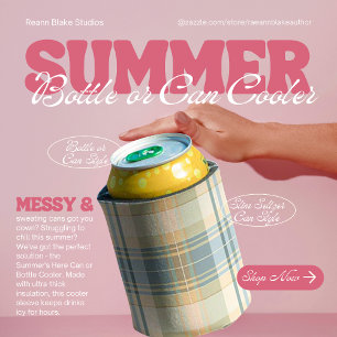 Blue and Cream Plaid Can or Bottle Cooler