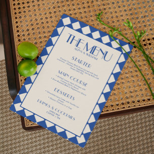 Blue and Cream Retro Checkerboard Wedding Menu 