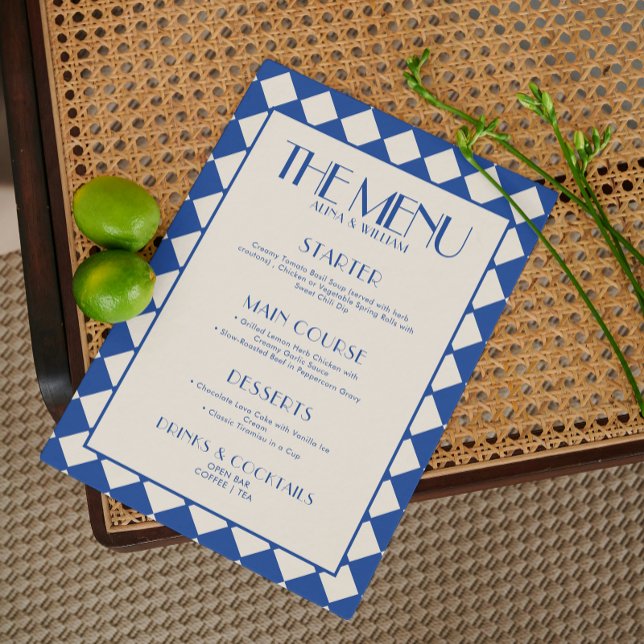 Blue and Cream Retro Chequerboard Wedding Menu  (Creator Uploaded)