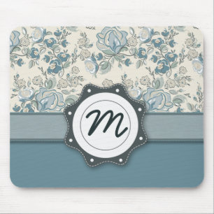 Blue and Cream Roses with Monogram Mouse Mat