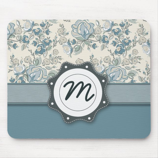 Blue and Cream Roses with Monogram Mouse Mat (Front)