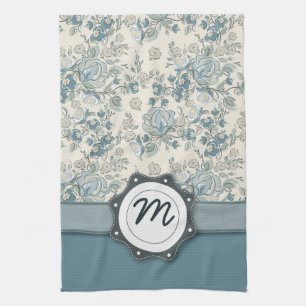 Blue and Cream Roses with Monogram Tea Towel