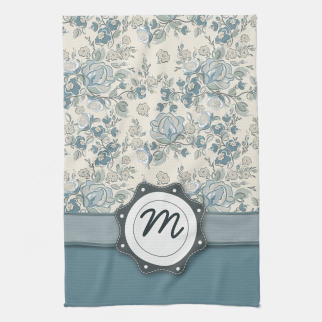 Blue and Cream Roses with Monogram Tea Towel (Vertical)