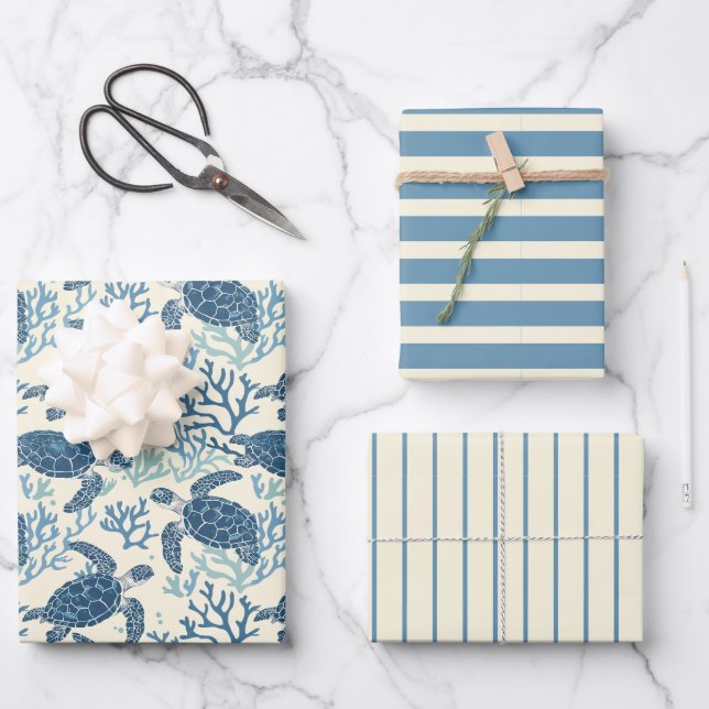 Blue and Cream Sea Turtles and Stripes Wrapping Paper Sheet (Front)