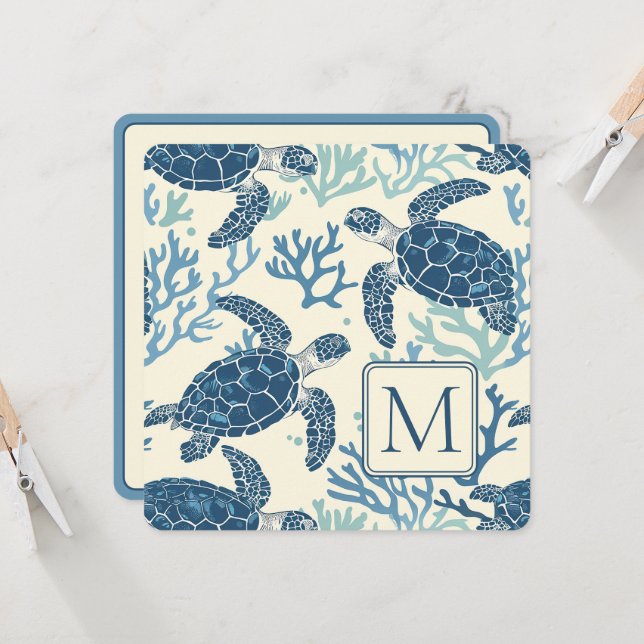 Blue and Cream Sea Turtles Monogram (Front/Back In Situ)