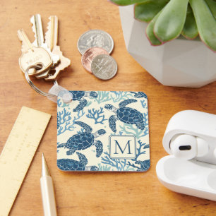 Blue and Cream Sea Turtles Monogram Key Ring