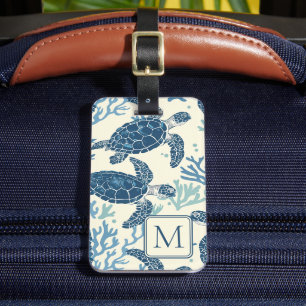 Blue and Cream Sea Turtles Monogram Luggage Tag