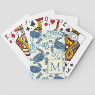 Blue and Cream Sea Turtles Monogram Playing Cards