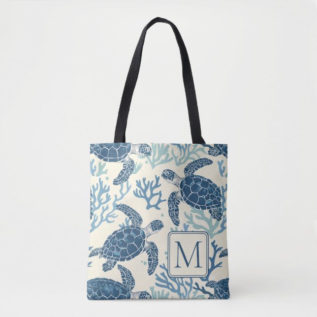 Blue and Cream Sea Turtles Monogram Tote Bag (Front)