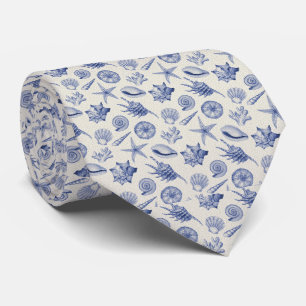 Blue and Cream Seamless Seashells Pattern Tie