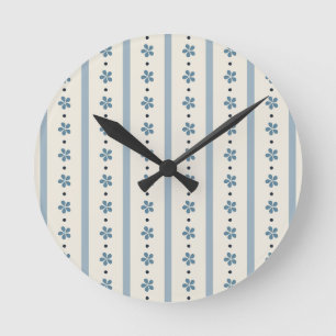 Blue And Cream Stripes And Flowers Round Clock