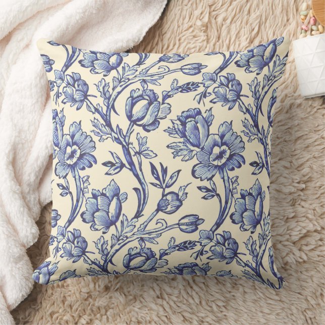 Blue and Cream Tulips Toile French Country Decor Cushion (Blanket)
