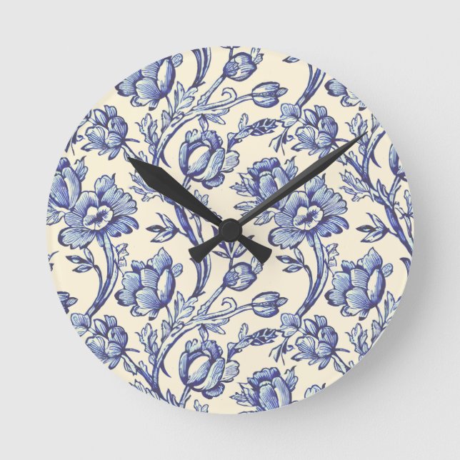 Blue and Cream Tulips Toile French Country Decor Round Clock (Front)
