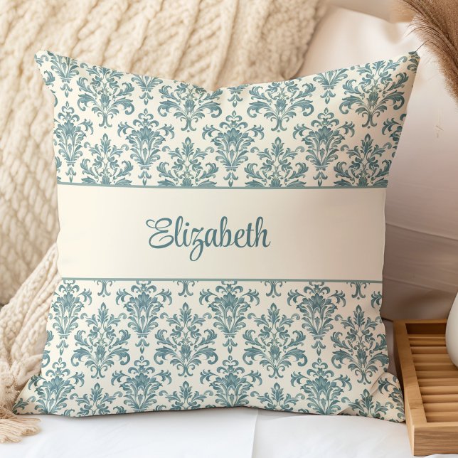 Blue and Cream Vintage Damask  Cushion (Blue and Cream Vintage Damask Throw Pillow in a neutral boho bedroom.)