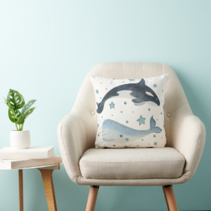 Blue and Cream Watercolor Whales Square Pillow