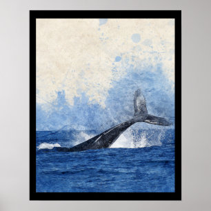Blue and Cream Whale tail and the sea Art Canvas Poster