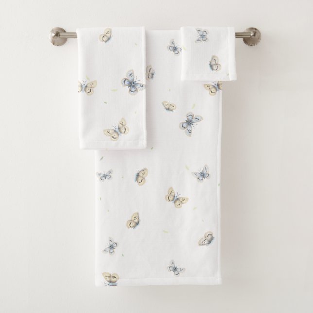 Blue and Crème Butterflies Charming Garden Fauna T Bath Towel Set (Insitu)