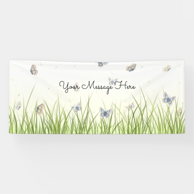 Blue and Crème Butterflies Charming Garden Scene B Banner (Horizontal)