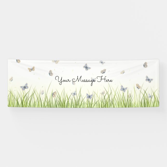 Blue and Crème Butterflies Charming Garden Scene B Banner (Horizontal)