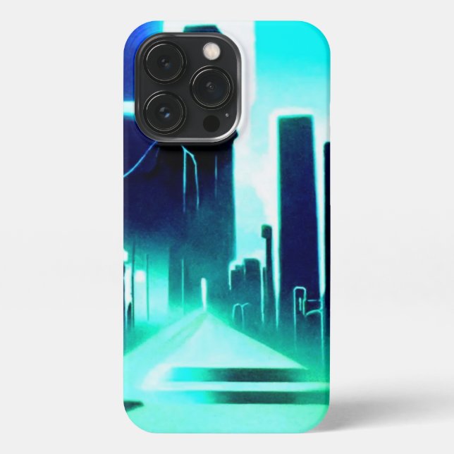 Blue and Cyan Gritty Futuristic City iPhone Case (Back)