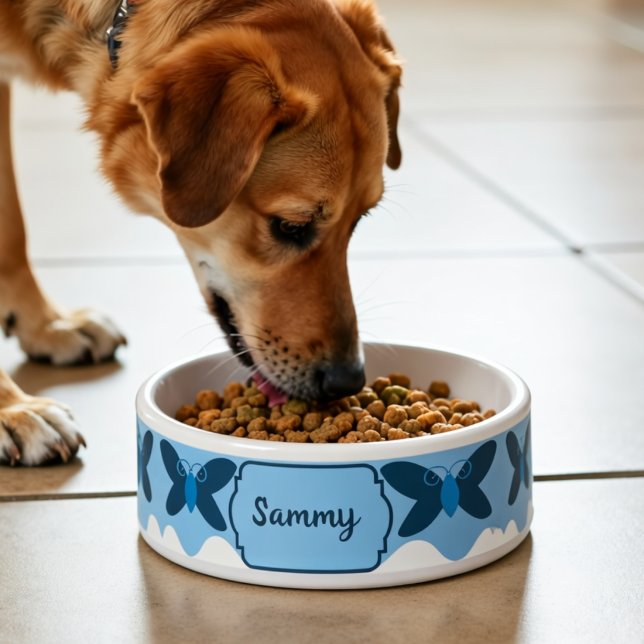 Blue And Dark Blue Butterfly Pet Food (Looking for something special for the dog in your life? Hand drawn art with a custom name tag.)