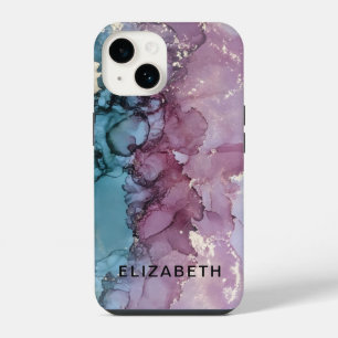 blue and dusty pink gold marble personalised iPhone 14 case