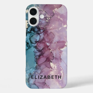 blue and dusty pink gold marble  personalized  iPhone 16 plus case