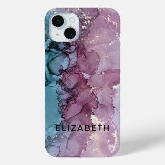 blue and dusty pink gold marble personalized  iPhone 15 mini case