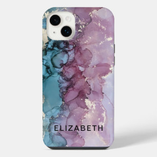 blue and dusty pink gold marble personalized iPhone 14 plus case