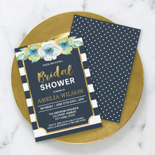 Blue and Faux Gold Floral Bridal Shower Invitation