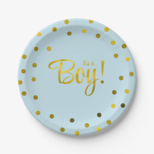 Blue and Faux Gold Foil Girl Baby Shower Paper Plate