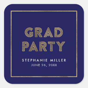 Blue and Faux Gold Geometric Grad Party Square Sticker