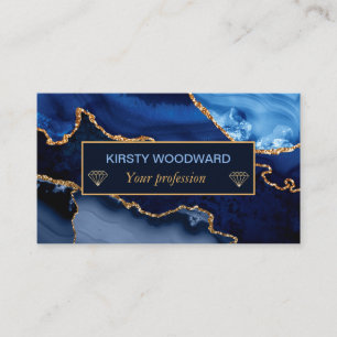 Blue and Faux Gold Glitter Marble Agate Business Card